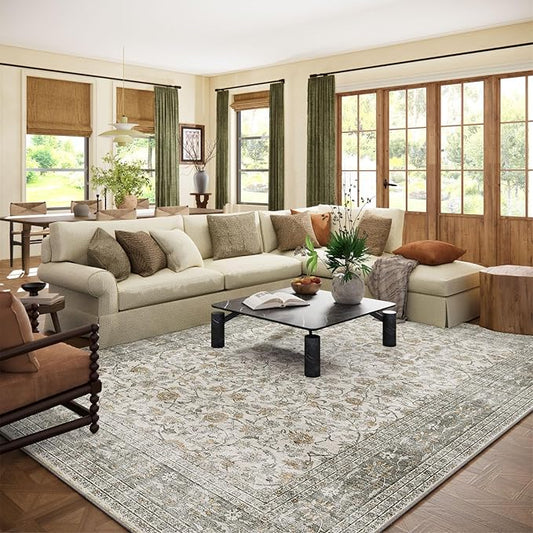 10x12 Large Rugs for Living Room: Washable Rug Stain Resistant Non Slip Distressed Vintage Rug Low Pile Faux Wool Soft Carpet for Bedroom Farmhouse Dining Room Kids Playroom Nursery