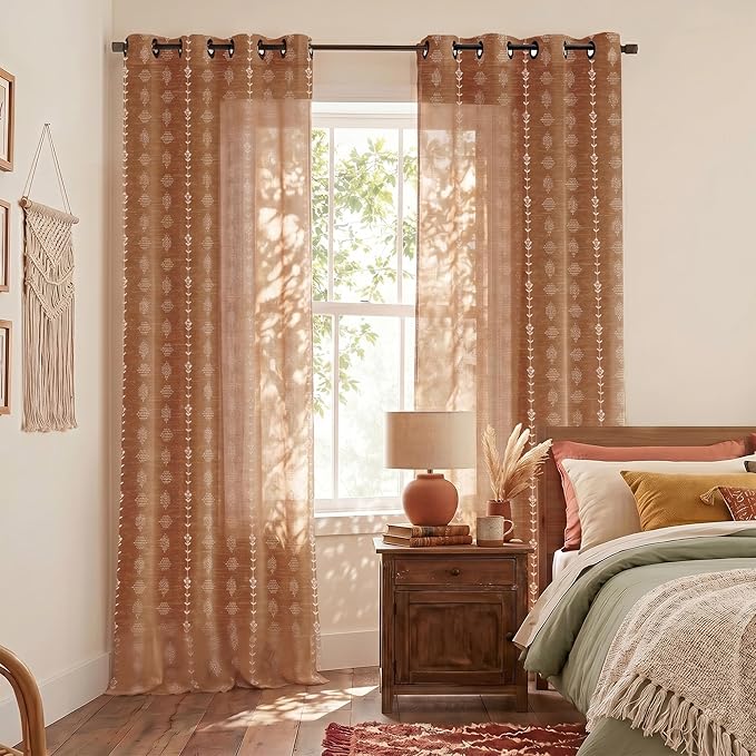 Boho Light Filtering Sheer Curtains 96 Inches Long 2 Panel Set, Floor to Ceiling Faux Embroidered Patterned Linen Drapes, Vintage Terracotta Indian Floral Block Print Curtains for Living Room Bedroom