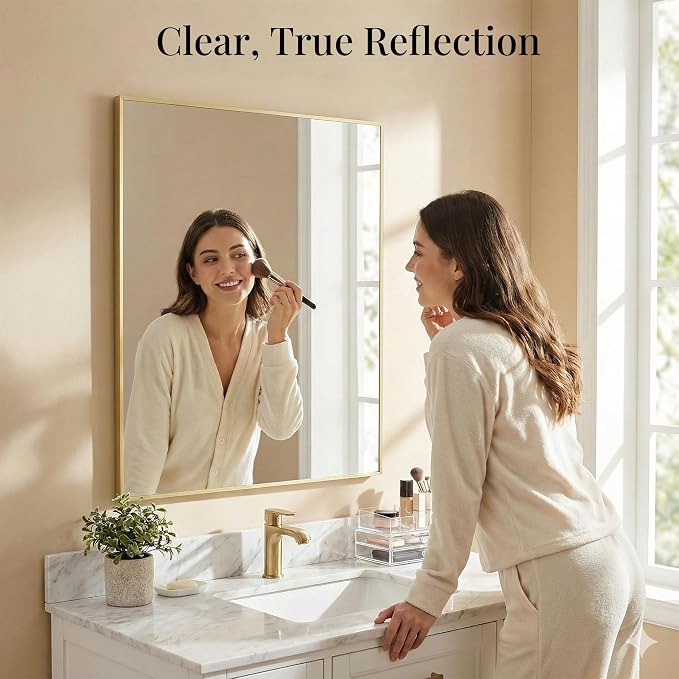 40"x30" Satin Gold Framed Rectangle Bathroom Vanity Wall Mirror | Over-Sink Vanity Mirror, Slim Metal Frame, Entryway or Dresser Use, Vertical/Horizontal Mount, Tempered Glass
