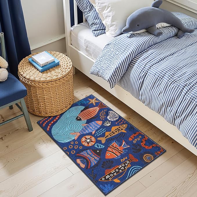 jinchan 2x3 Coastal Area Rug Kids Washable Fun Rug Colorful Ocean Fish Small Mat Non Slip Doormat Lightweight Soft Cozy Throw Carpet for Entryway Nursery Playroom Bedside Dorm Bathroom, Blue