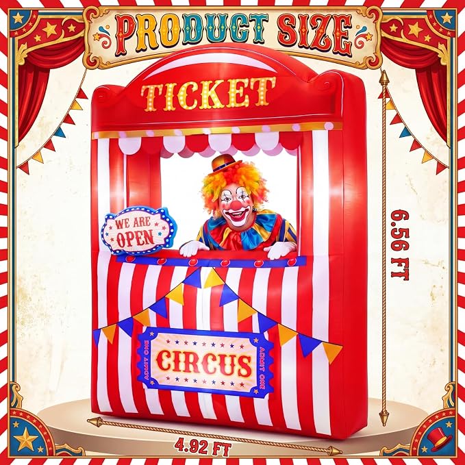 Soulchen 6 x 5 ft Inflatable Circus Ticket Booth Decor with Built in LEDs Lighted and Air Blower, Carnival Party Decoration Blow up Giant Events Birthday Photo Props