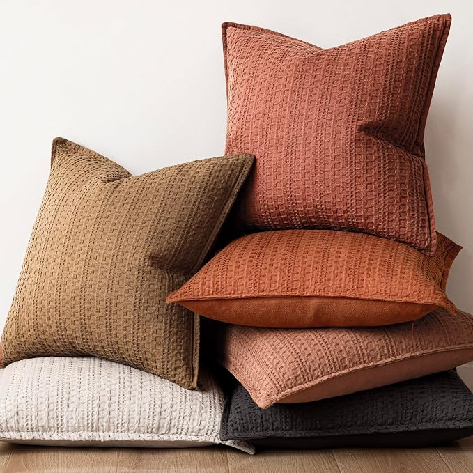 Foindtower Set of 2 Decorative Cotton Waffle Weave Lumbar Throw Pillow Covers Euro Shams Cushion Covers Accent Pillowcase for Bed Couch Sofa Bedroom Living Room Home Decor 12×20 Inch Fall Rust Orange