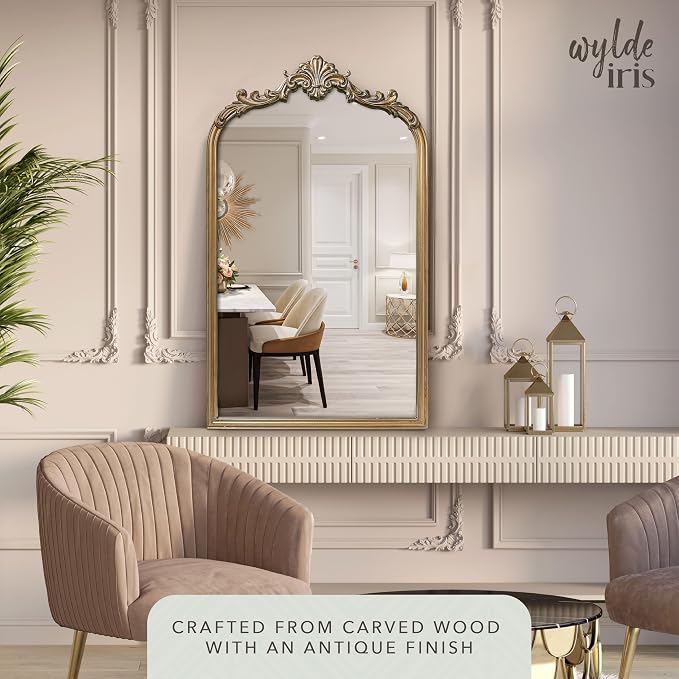 Wylde Iris English Estate Carved Arch Wood Wall Mirror, Mirror for Entryway, Living Room, Bathroom, Antique Gold, 20.4x33