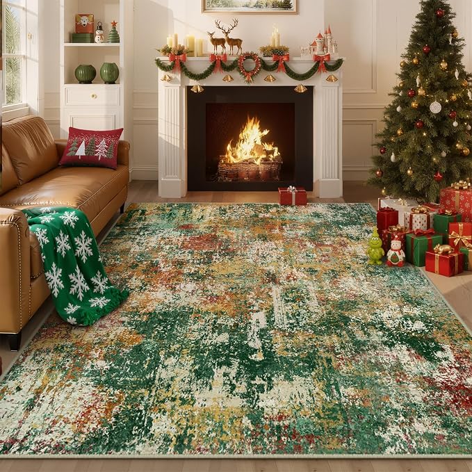 RELEANY Washable Area Rugs 6'x9' Non-Slip Modern Abstract Soft for Living Room Entryway Bedroom Kitchen, Print Pattern, Green Orange Rust Red Cream Colorful
