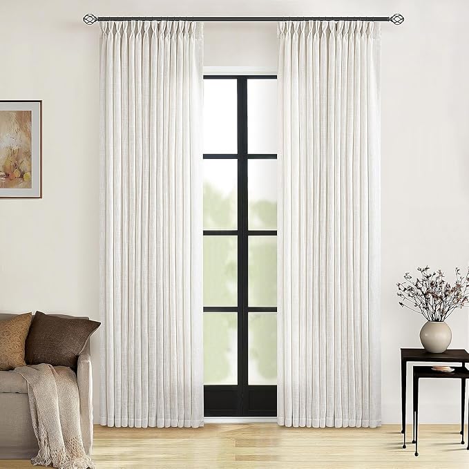 90 Inch Pinch Pleated Linen Curtains 2 Panel Set for Living Room Cream Natural Thick Linen Textured Drapes 90 Inches Long Pinch Pleat Drapes Birch Ivory Semi Sheer Curtain for Dining Bedroom Office