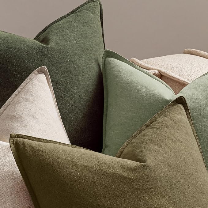 MIULEE Green and White Boho Linen Pillow Covers 20x20 Inch Pack of 4 | Natural Throw Pillow Covers Soft Farmhouse Couch Pillowcases Modern Decor for Living Room Bed Sofa