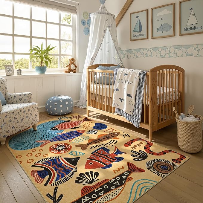 jinchan 5x7 Coastal Area Rug Kids Washable Fun Rug Colorful Ocean Fish Indoor Floor Cover Non Slip Lightweight Soft Cozy Carpet for Bedroom Nursery Playroom Daycare Living Room, Tan