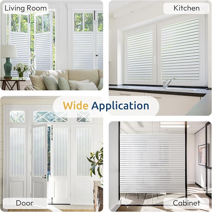rabbitgoo Window Privacy Film, Frosted Glass Privacy Film, Window Frosting Cling for Glass, Non Adhesive Static Cling Front Door Covring, Anti-UV Reeded Blinds Sticker, Striped Pattern, 23.6" x 118.1"