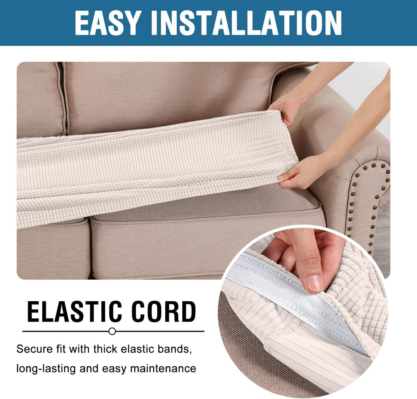 H.VERSAILTEX Super Stretch Individual Seat Cushion Covers Sofa Covers Couch Cushion Covers Slipcover Sets Thick Jacquard Textured Twill Fabric (1 Piece Sofa Cushion Cover, Ivory)