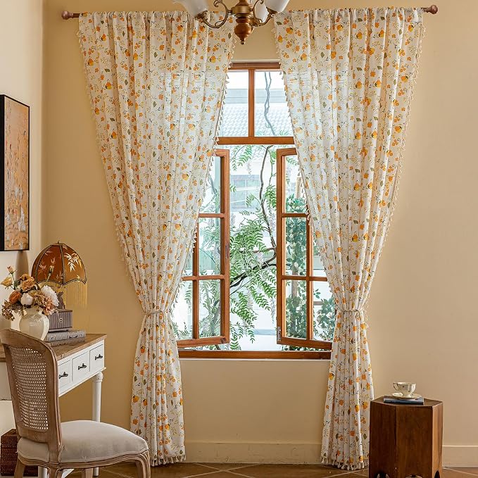 OYX Floral Boho Curtains 2 Panels Short 63 Inch Curtains Patterned Semi Sheer Living Room Drapes Farmhouse Boho Window Curtain Panels with Tassel Beige Rod Pocket Bedroom Drapes