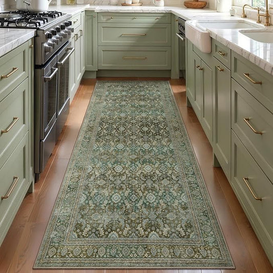Tangsoo 2x6 Olive Green Washable Runner Rug Non Slip, Boho Vintage Floral Runner Rugs for Entryway Hallway, Soft Low Pile 2 x 6 Rug Carpet Runners Floor for Kitchen Bedroom Bathroom Laundry Room