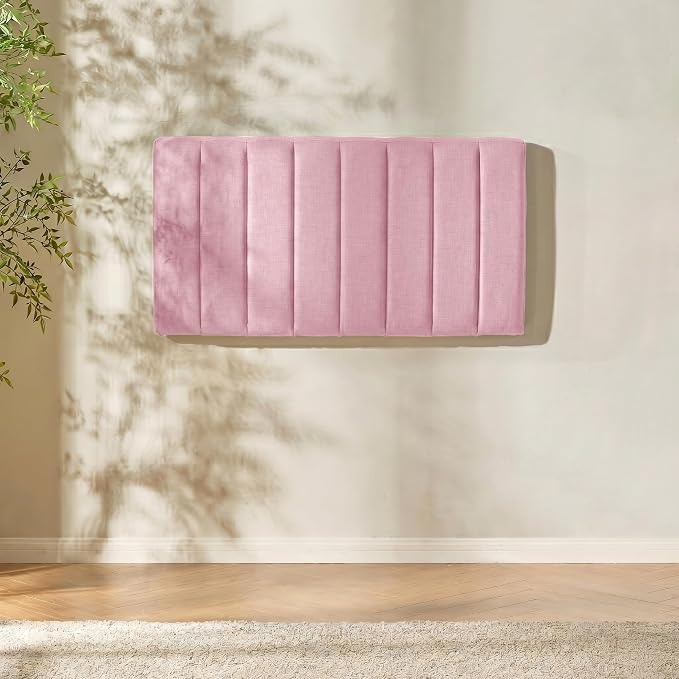 Hearth & Harbor Upholstered Twin Headboard - Easy Assemble Channel Stitched Headboard Twin Size - Wall Mounted Headboards with 3D Soundproof Wall Panels Peel & Stick Floating Headboards, Pink