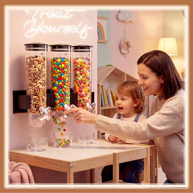 Lounsweer 9 Pcs Wall Mounted Cereal Dispenser with 1pcs Treat Yourself Neon Signs 13.5 L Candy Machine Grain Dispenser Neon Snack Sign Wall Mount for Home Kitchen Food Store Birthday Gift Party Decor
