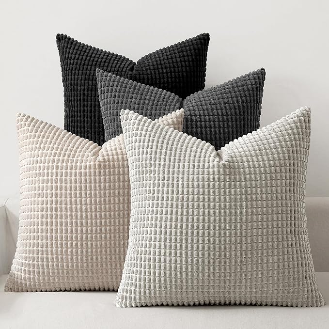 MIULEE Neutral Cream/Grey Decorative Pillow Covers 18x18 Inch Set of 4 | Boho Western Farmhouse Throw Pillows Corduroy Couch Pillowcases Industrial Home Decor for Sofa Living Room Bed