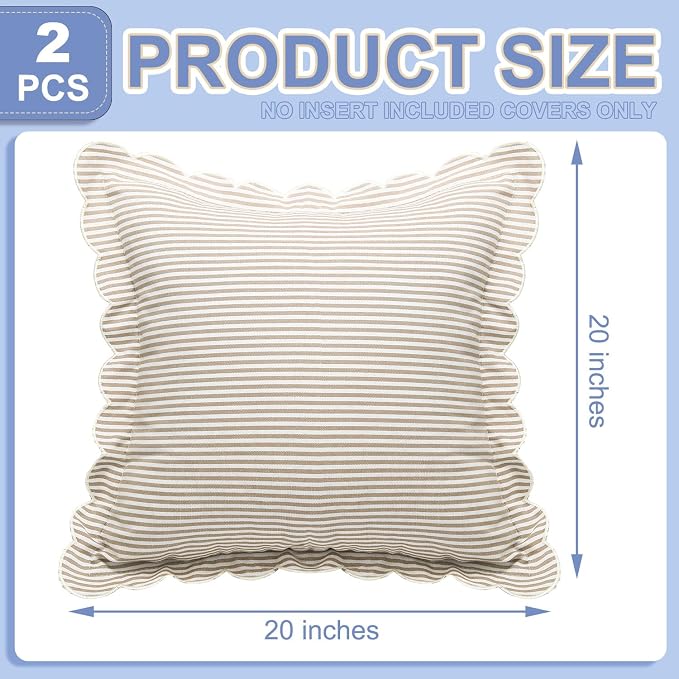 Newwiee 2 Pack Scalloped Pillow Cover 18 x 18 Inch Stripe Throw Pillow Cover Cotton Decorative Pillowcase for Women Men Couch Living Room Cushion Indoor Outdoor Decoration (Beige, Scalloped)