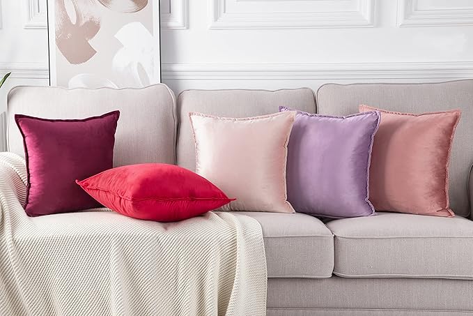 MADIZZ Set of 2 Super Soft Velvet Decorative Throw Pillow Covers 16x16 inch Light Pink Square with Fringe Luxury Style Cushion Case Pillow Shell for Sofa Bedroom