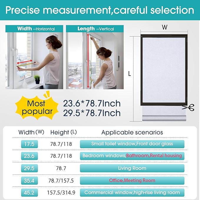 Coavas Frosted Glass Window Privacy Film Day and Night, Static Cling No Glue, Anti-Glare Heat Blocking, Renter-Friendly Removable Decorative Covering for Home Bathroom Bedroom, 29.5 x 78.7 Inch, Pure