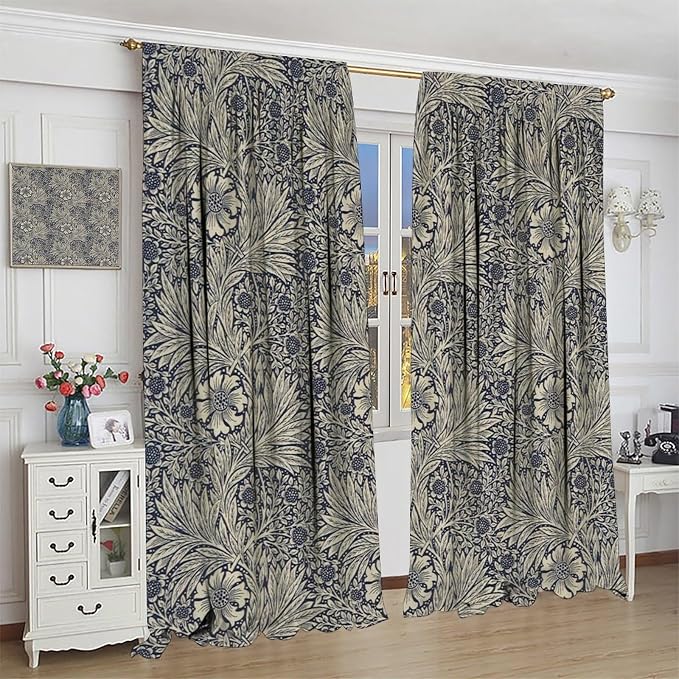 Boho Style William Morris Flower Retro Curtain, Rustic Farmhouse Abstract Flower Blackout Window Drapes, for Living Room Bedroom Kitchen 31.5(W)*72(L) 2 Panels