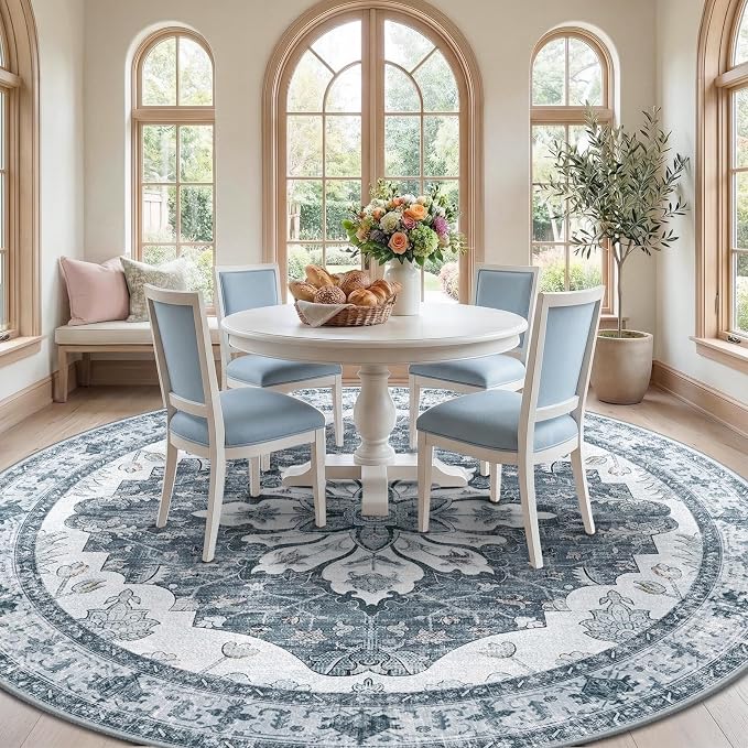 RELEANY Area Rugs Round 8ft Washable Non-Slip, Floral Vintage Distress Medallion Carpet for Living Room Bedroom Dining Room, Light Gray Grey White