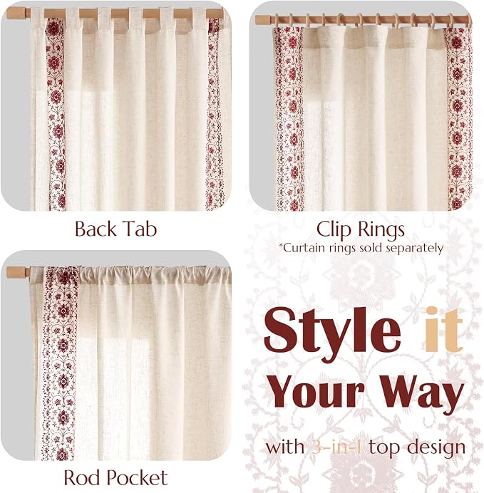 jinchan Boho Curtains for Bedroom Red Vintage Floral Farmhouse Curtains 63 Inch Linen Blend Drapes for Living Room Embroidered Light Filtering Drapes Rod Pocket Red on Beige 2 Panels