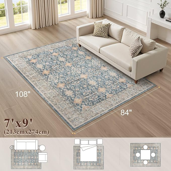 Vintage Living Room Area Rug 7x9 - Large Soft Washable Oriental Traditional Distressed Farmhouse Rugs for Bedroom - Indoor Floor Accent Carpet for Home Office House Decor - Dark Blue