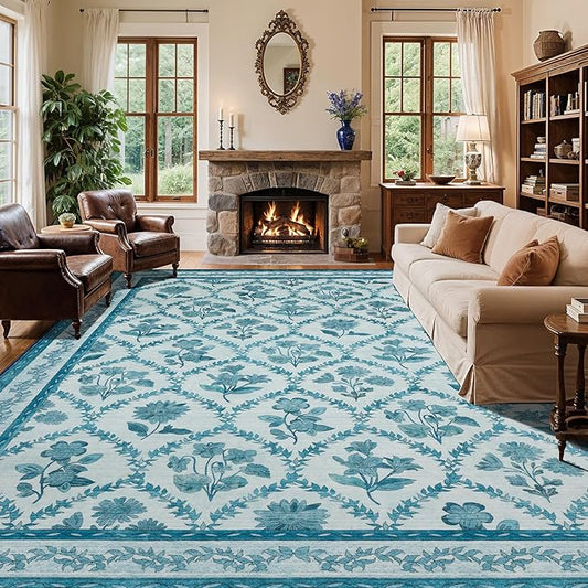 LIANLAM Checkered Rug 9x12 Area Rugs for Living Room - Stain Resistant & Non-Slip Backing Vintage Boho Floral Design Rug for Bedroom,Durable & Ultra-Thin Large Washable Area Rug(9x12,Blue)
