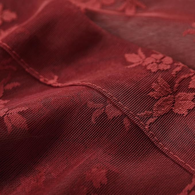 Kotile Burgundy Curtains 54 Inch Length 2 Panels Set Country Rustic Floral Cottagecore Maroon Lace Curtains for Windows, Rod Pocket Privacy Light Filtering Sheer Window Curtains, 42 x 54 Inch