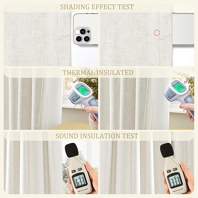 Jowels Cream Linen Blackout Curtains 87 Length 2 Panels Set for Living Room Bedroom, 100% Black Out Thermal Insulated Linen Drapes, Room Darkening Grommet Curtains 87 Inches Long Natural Beige
