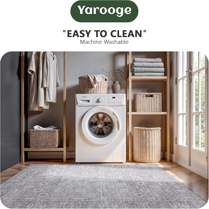 8x10 Area Rugs for Living Room, Washable Vintage Retro Floral Rug, Low Pile Non Slip Distressed Large Carpet for Bedroom, Dining Room, Office, Home (Vintage Purple Grey)
