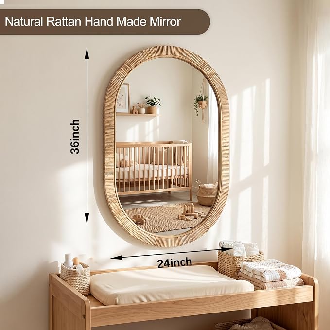 Decorative Rattan Wall Mirror, Boho Bathroom Modern Makeup, Rustic Wall Bohemia Mirrors for Bedroom, Living Room, Vanity Versatile Farmhouse, Nursery, Bathroom (Oval 36“x24”)