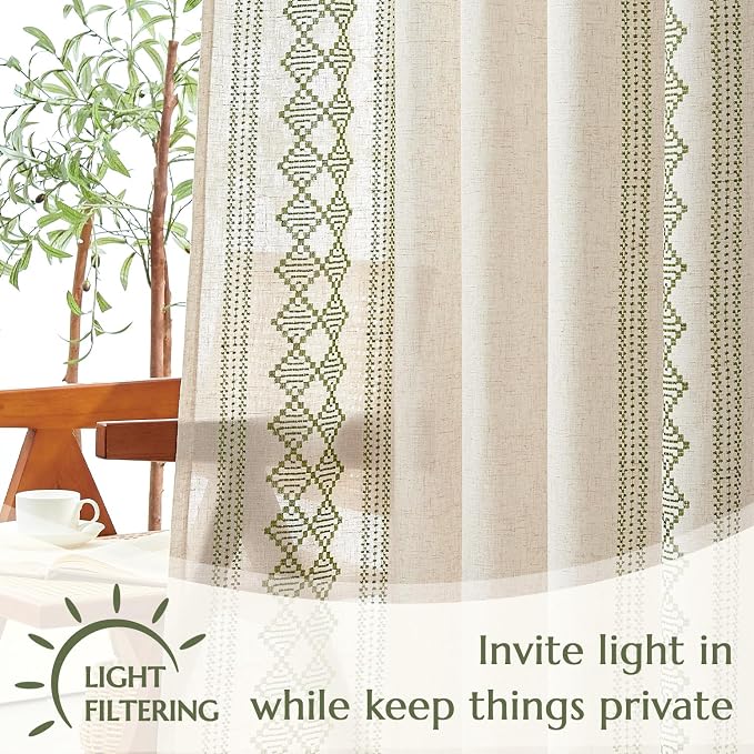 jinchan Boho Curtains Linen Blend Beige Farmhouse Curtains 96 Inches Long for Living Room Sage Green Square Embroidered Bordered Back Tab Bedroom Window Light Filtering Bohemian Drapes 2 Panels
