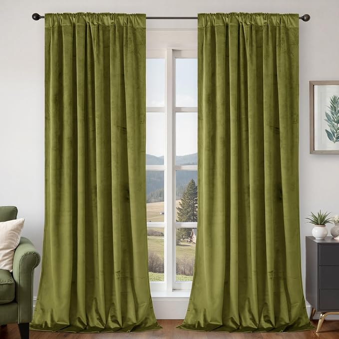 BGment Moss Green Velvet Curtains 90 Inches Long, Vintage Super Soft Thermal Insulated Room Darkening Privacy Window Drapes with Back Tab and Rod Pocket for Bedroom/Living Room, 2 Panels, 52 x 90 Inch