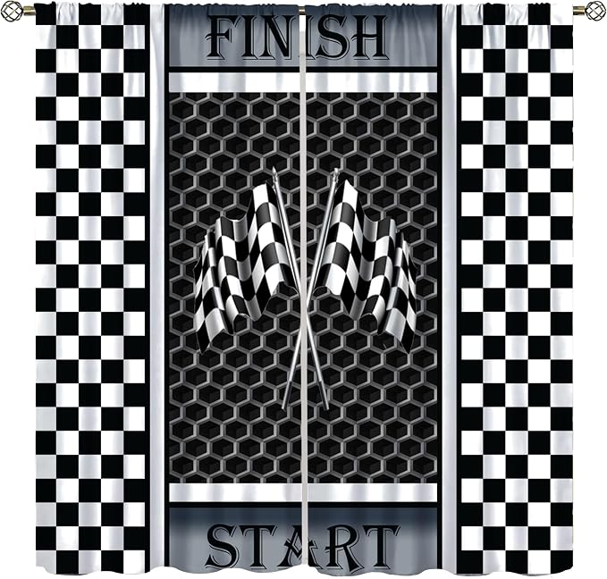 Race Car Flag Curtain,Boy Kid Black White Checkered 11D Grey Honeycomb Modern Geometric Window Curtains Cafe Dining Room Office Living Room Kitchen Bedroom Drapes, 52x84 in