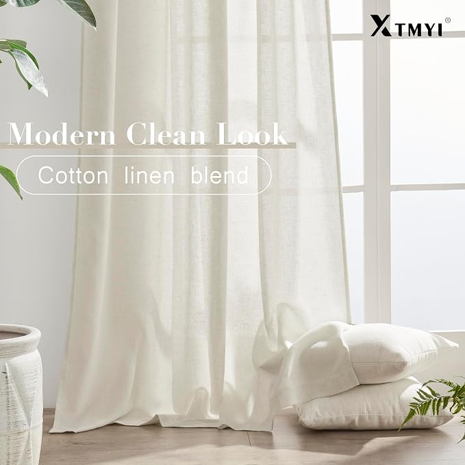 Extra Wide Curtains 70 In Width for 60 & 72 Inch Window,Pleated Back Tab Linen Semi Sheer Full Length Curtains for Living Room Sliding Glass Door 2 Panel Set,72x84,70x84,6FT x 84 Inches Long,Cream