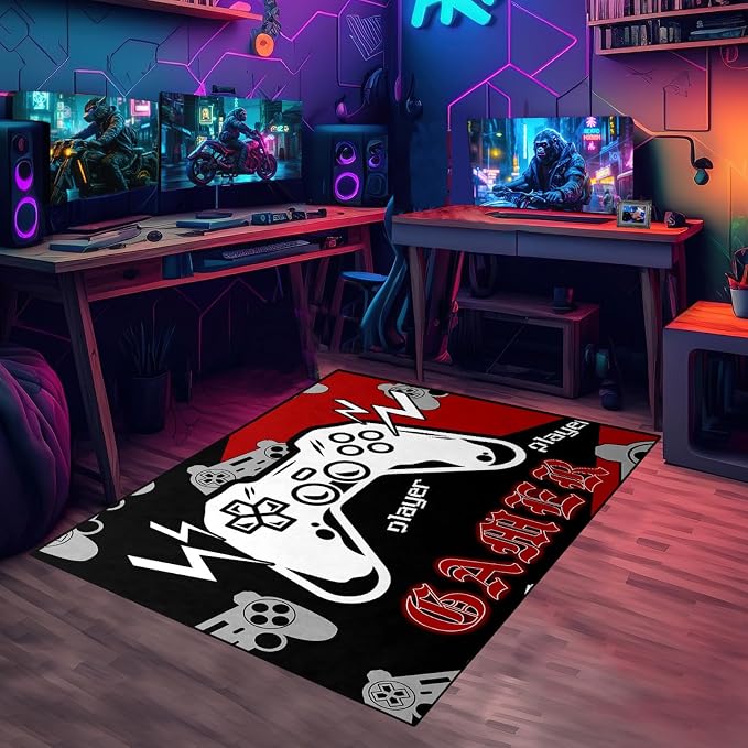 Gamer Rugs for Boys Teens Child Bedroom Cool Game Player Room Home Decor Rug Video Playing Living Room Sofa Play Yoga Standing Mats Throw Gamepad Controller Carpets Black Red, 4'5"x6'