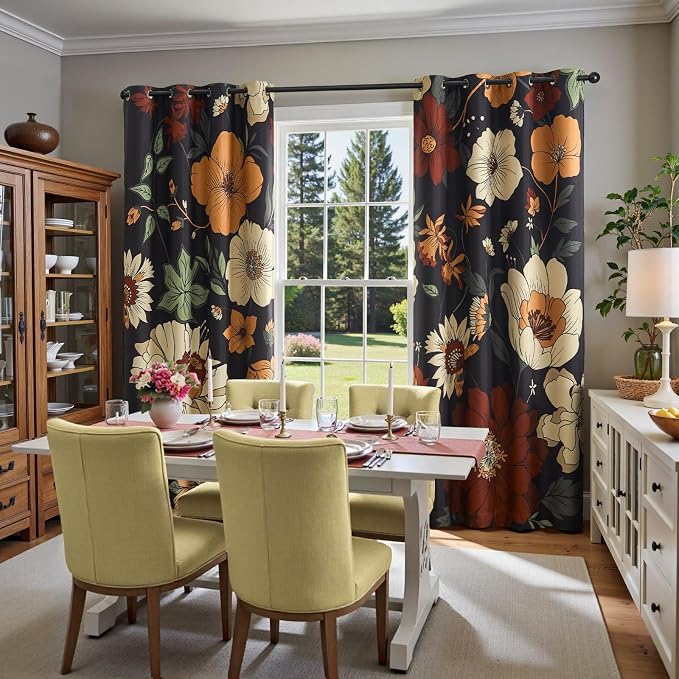 Lazzzy Floral Curtains for Bedroom Living Room Vintage Blackout Curtains 90 Inches Long Room Darkening Drapes Grommet Flower Patterned Window Treatments Set of 2 Panels, 52" x 90"