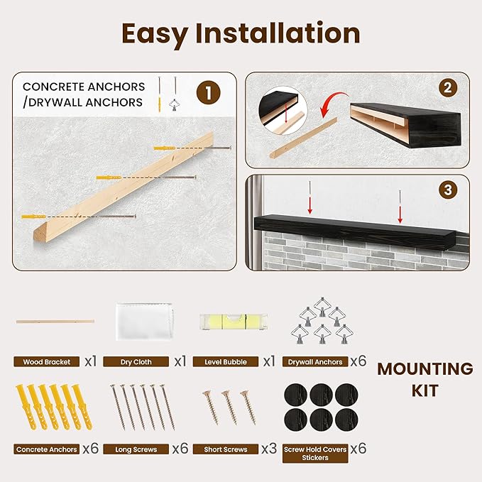 Acovy Floating Fireplace Mantel Shelves, 60x8x3 Inches Natural Wooden Floating Shelf for Over Fireplace, Wall-Mounted Mantel Shelf for Living Room and Home Decor, Black