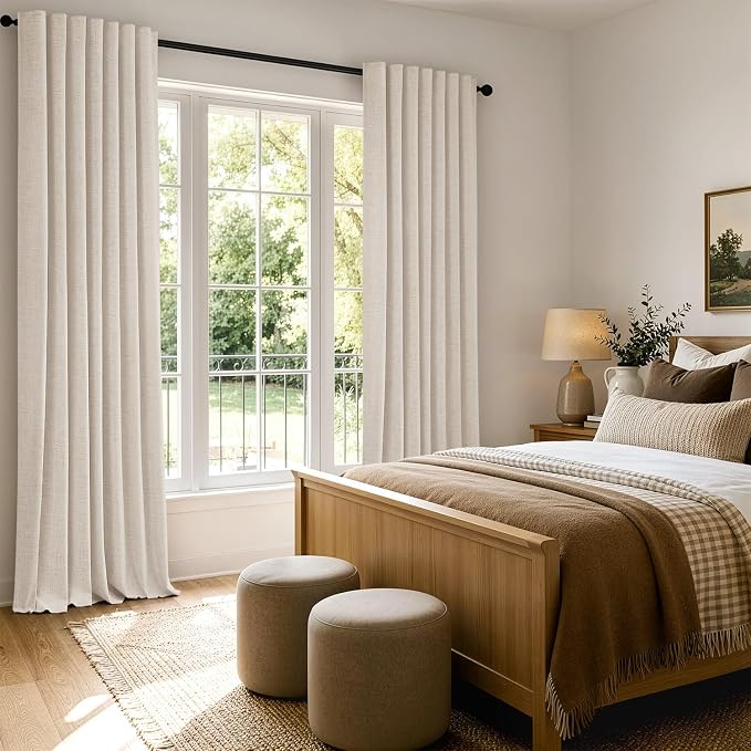MIULEE 100% Blackout Linen Curtains for Bedroom, Cream Beige Solid Luxury Decor Thermal Insulation Room Darkening Drapes for Living Room Back Tab Rod Pocket 42 x 96 Inches, 2 Panels