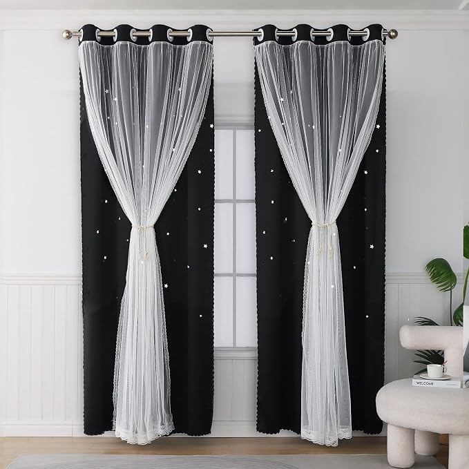 Black Black Out Curtains & Drapes 96 Inches Extra Long Sliding Glass Door | Cute Star Cutouts Double Layer Curtains White Sheer 2 Panels Girls Nursery Divider Room Darkening Window Treatments Cortinas