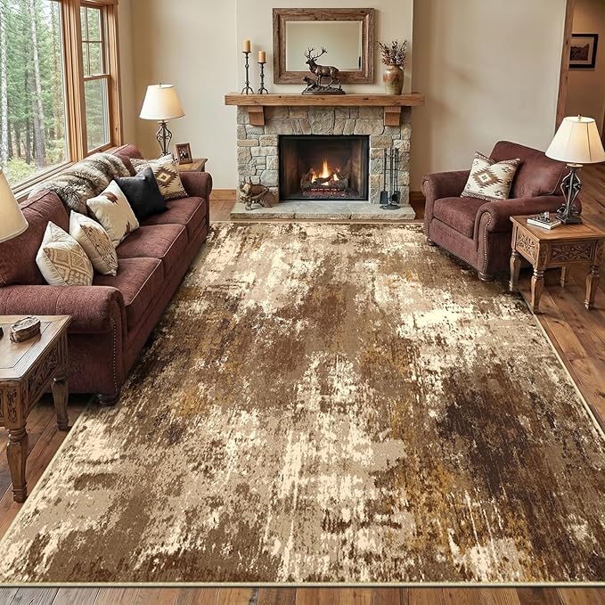 RELEANY Washable Area Rugs 9'x12' Non-Slip Modern Abstract Soft for Living Room Entryway Bedroom Kitchen, Print Pattern, Brown Tan Beige Coffee