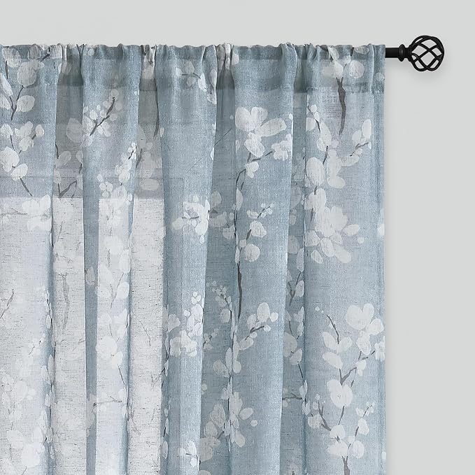 FMFUNCTEX Linen Sheer Curtains for Bedroom, Blue White Blossom Print Curtains 96 Inches Long for Living Room,Floral Patterned Farmhouse Curtain Light Filtering Window Drapes 2 Panels, Rod Pocket