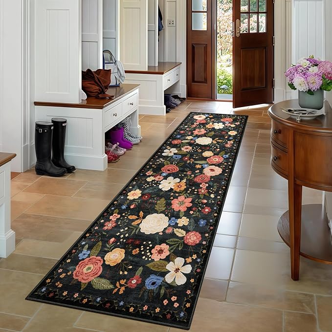 2.6x8 Machine Washable Runner Rug, Kitchen Hallway Area Rug Black Green Vintage Boho Floral Non-Slip Low Pile Soft Faux Wool Carpet Kids and Pets Friendly for Bedroom Entryway Nursery Home Decor Rug