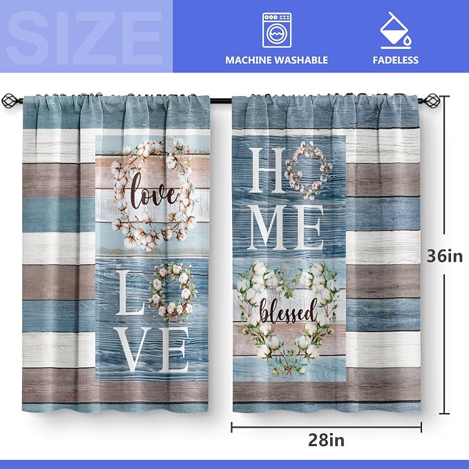 Aimego Teal Flowers Kitchen Curtains - Rustic Wood Cafe Farmhouse Small Short Window Curtains for Bathroom Living RV Room Rod Pocket Window Drapes 36 Inch Length 2 Panels Set 28"x36"