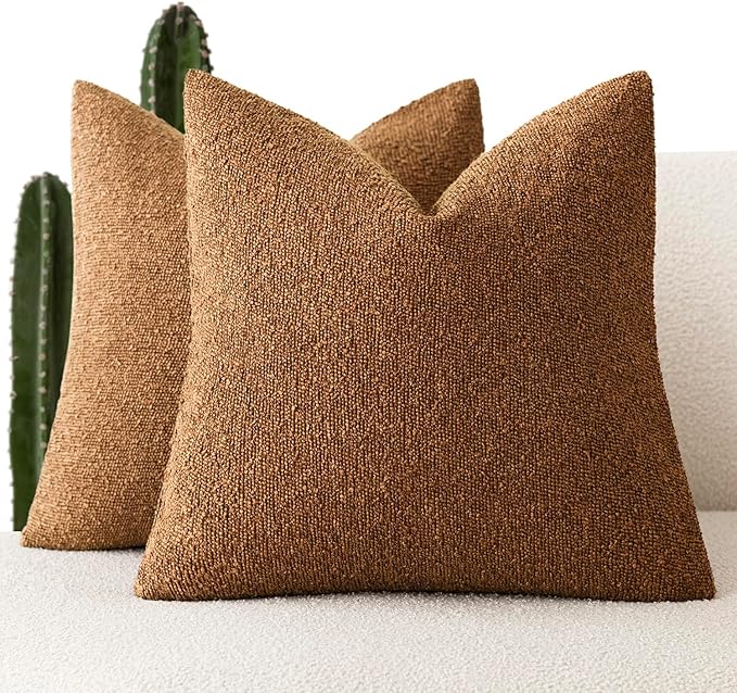 Foindtower Set of 2, Decorative Textured Boucle Throw Pillow Covers Accent Solid Pillow Cases Neutral Soft Cozy Couch Cushion Case for Chair Sofa Bedroom Living Room Home Decor 24x24 Inch Hazel Brown