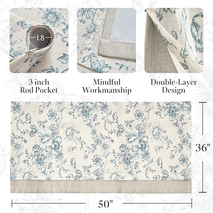 jinchan Linen Kitchen Curtain 36 Inch French Floral Double Layer Curtain Farmhouse Vintage Tier Drape Rustic Half Window Curtain for Living Room Window Treatment Rod Pocket 1 Panel Blue on Beige