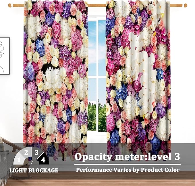 Renaiss 52 x 63 Inch Colorful Floral Kitchen Curtains Short Linen Textured Small Cafe Curtains Rose Flower Light Filtering Short Window Curtain for Bathroom Basement with Rod Pocket 2 Panels