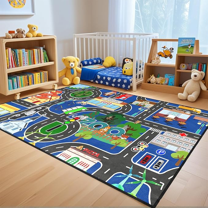 Road Rug for - Car Rug Play Mat for Boys Room, Blue Road Carpet Playmat Fun Race Track Car Carpet for Bedroom Playroom Home Decor Floor Mat, 2.5x4 Feet