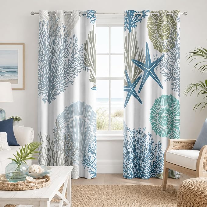 Blue Teal Coastal Window Curtains, Beach Nautical Starfish Coral Window Drapes Blackout Treatment Darkening Thermal Insulated Grommet for Living Room Bedroom Decor 2 Panels 52x63 Inches