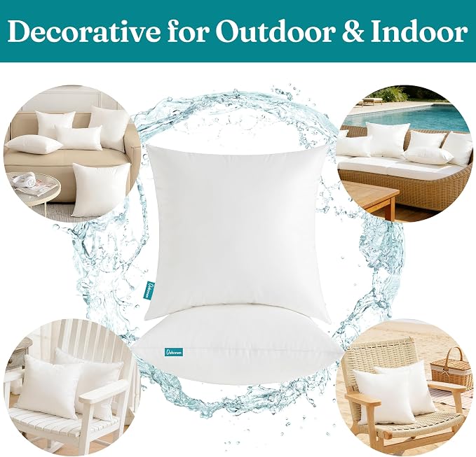 Oubonun 18x18 Outdoor Pillow Inserts (Pack of 4) - Square Waterproof Throw Pillow - Decorative Throw Pillows Insert for Couch Sofa Bed Patio Furniture - White Pillows