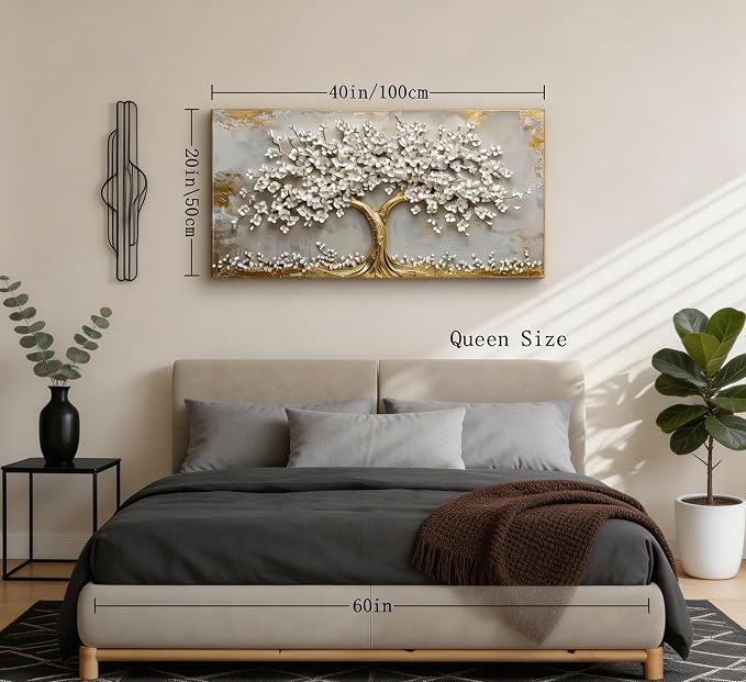 Large Tree of Life Canvas Wall Art Gold and White Flower Big Tree Painting Picture Wall Decor Botanical Floral Poster Print Artwork for Living Room Dining Bedroom